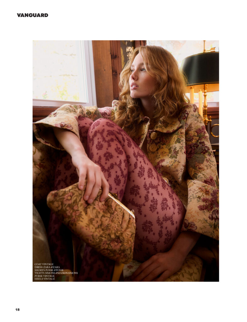 Model Amelia Bennett on the cover of Vanguard magazine shot by Megane Brunette. She is in the boutique hotel La Maison Rose Hudson, wearing a beautiful vintage thrifted outfit styled by Uyen Duong Dao. Hair and makeup is by Emy Filteau.