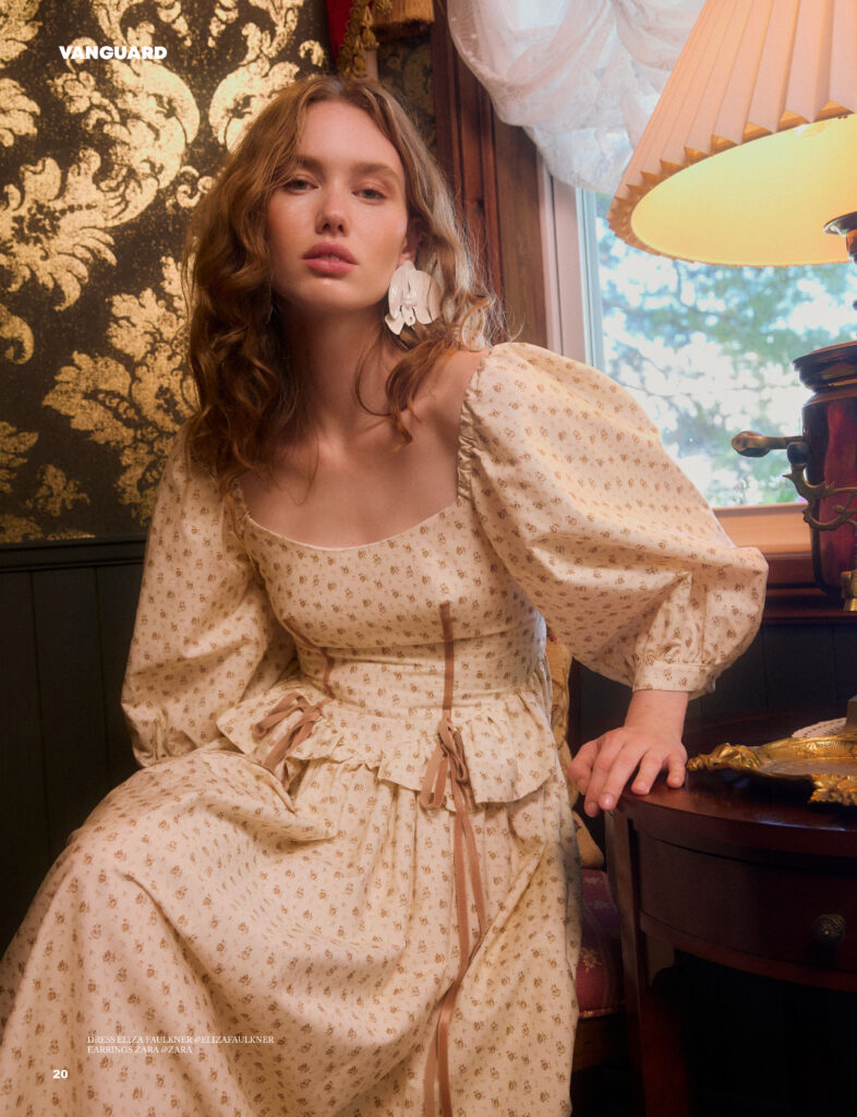 Model Amelia Bennett in an editorial for Vanguard magazine shot by Megane Brunette. She is in the boutique hotel La Maison Rose Hudson, wearing a beautiful vintage thrifted outfit styled by Uyen Duong Dao. Hair and makeup is by Emy Filteau.