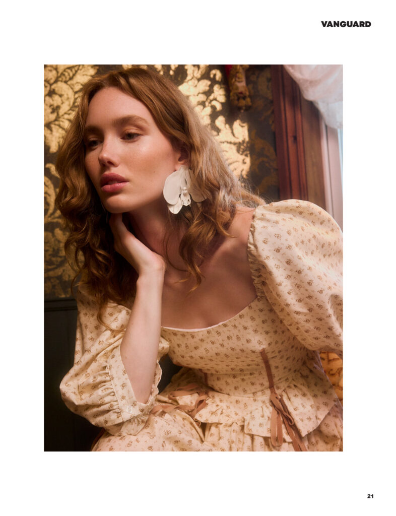Model Amelia Bennett in an editorial for Vanguard magazine shot by Megane Brunette. She is in the boutique hotel La Maison Rose Hudson, wearing a beautiful vintage thrifted outfit styled by Uyen Duong Dao. Hair and makeup is by Emy Filteau.