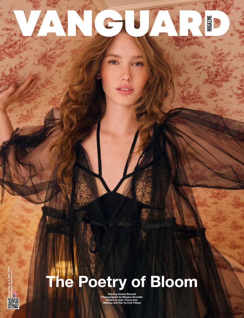 Model Amelia Bennett on the cover of Vanguard magazine shot by Megane Brunette. She is in a hotel room of La Maison Rose Hudson, with beautiful pink patterned wallpaper. Hair and makeup is by Emy Filteau.